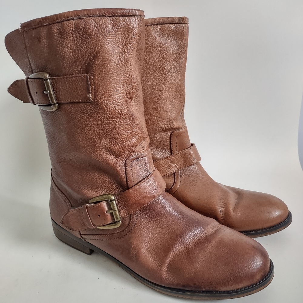 Steve Madden Temmpt Brown Leather Moto Harness Boots Side Zip Women's Size 10